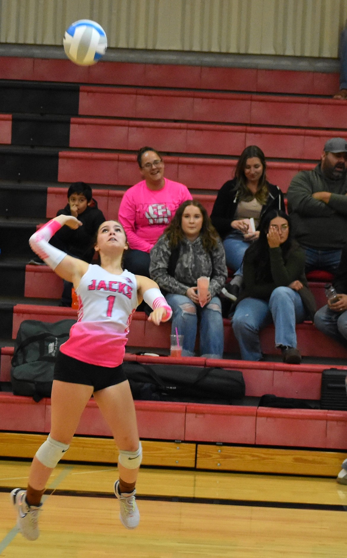 Kailyn Lynch, a senior for the Jacks, prepares to hit the ball back to the Huskies during Wednesday’s matchup. Head coach Chelsea Wallace said she was proud of the resilience that the team showed in this game.