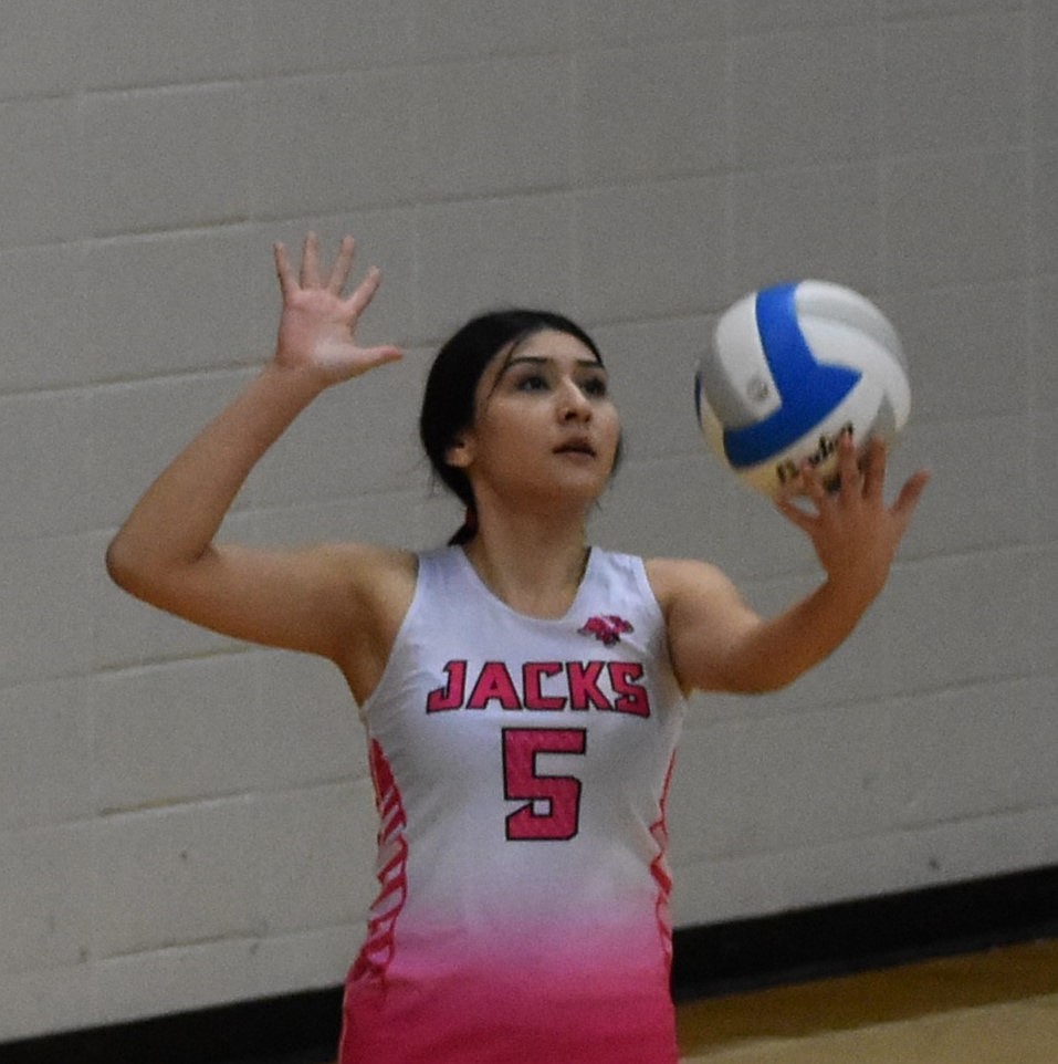 Jacks senior Karyme Flores prepares to serve the ball during their matchup against the Huskies. Jacks head coach Chelsea Wallace said the Jacks worked to push past their trials that they faced this season.