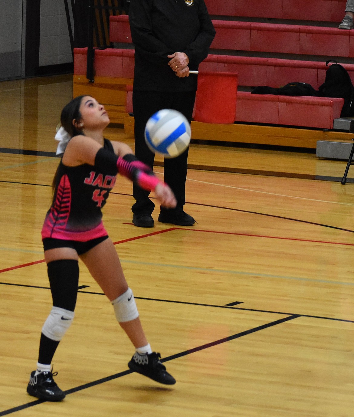 Senior Zy Stephens for the Jacks responds to a serve from the Huskies during Wednesday’s game. Jacks head coach Chelsea Wallace said it has been special to work with this group of seniors.