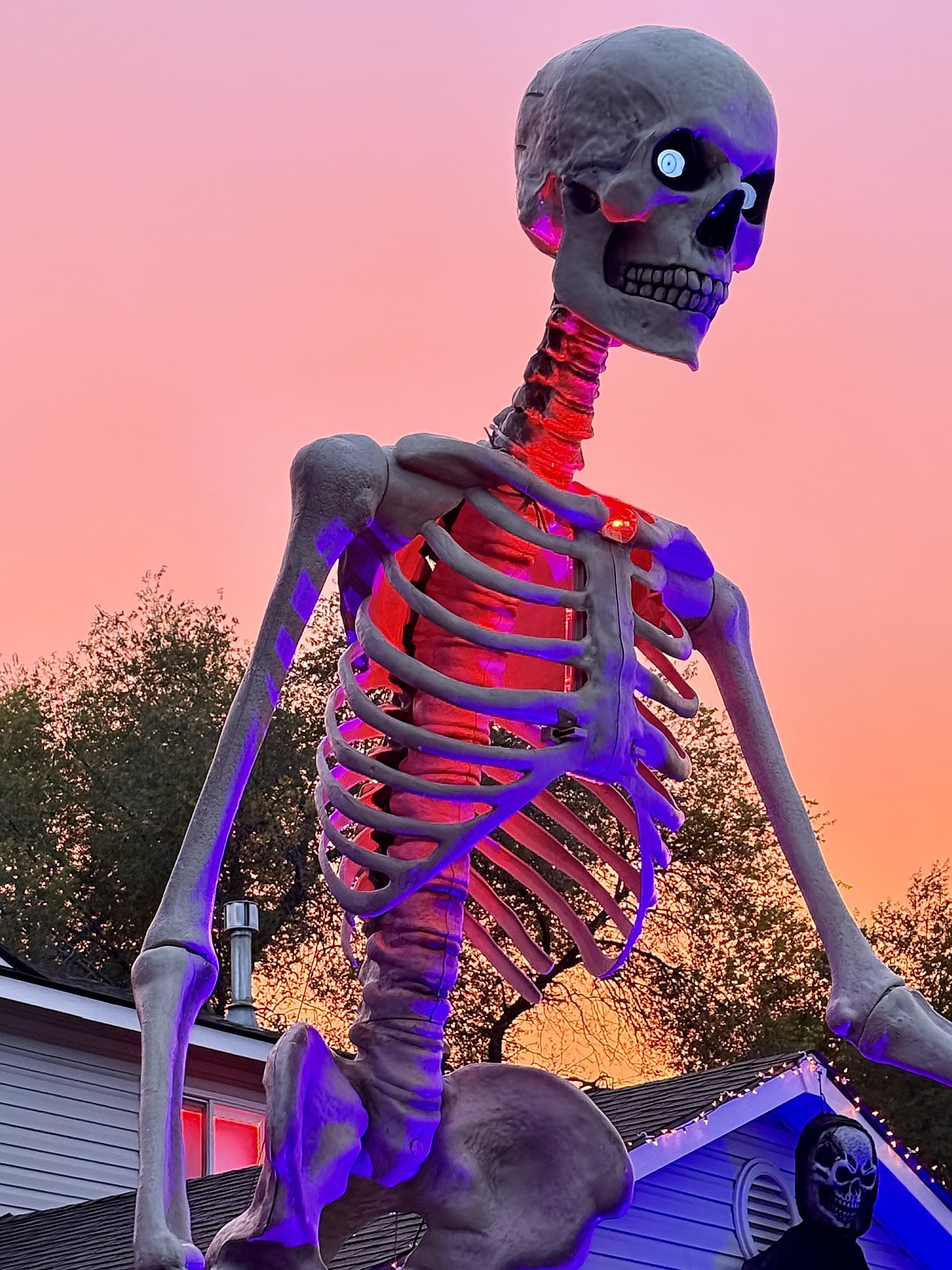 A giant skeleton towers over the neighborhood on Dawn Avenue in Post Falls.