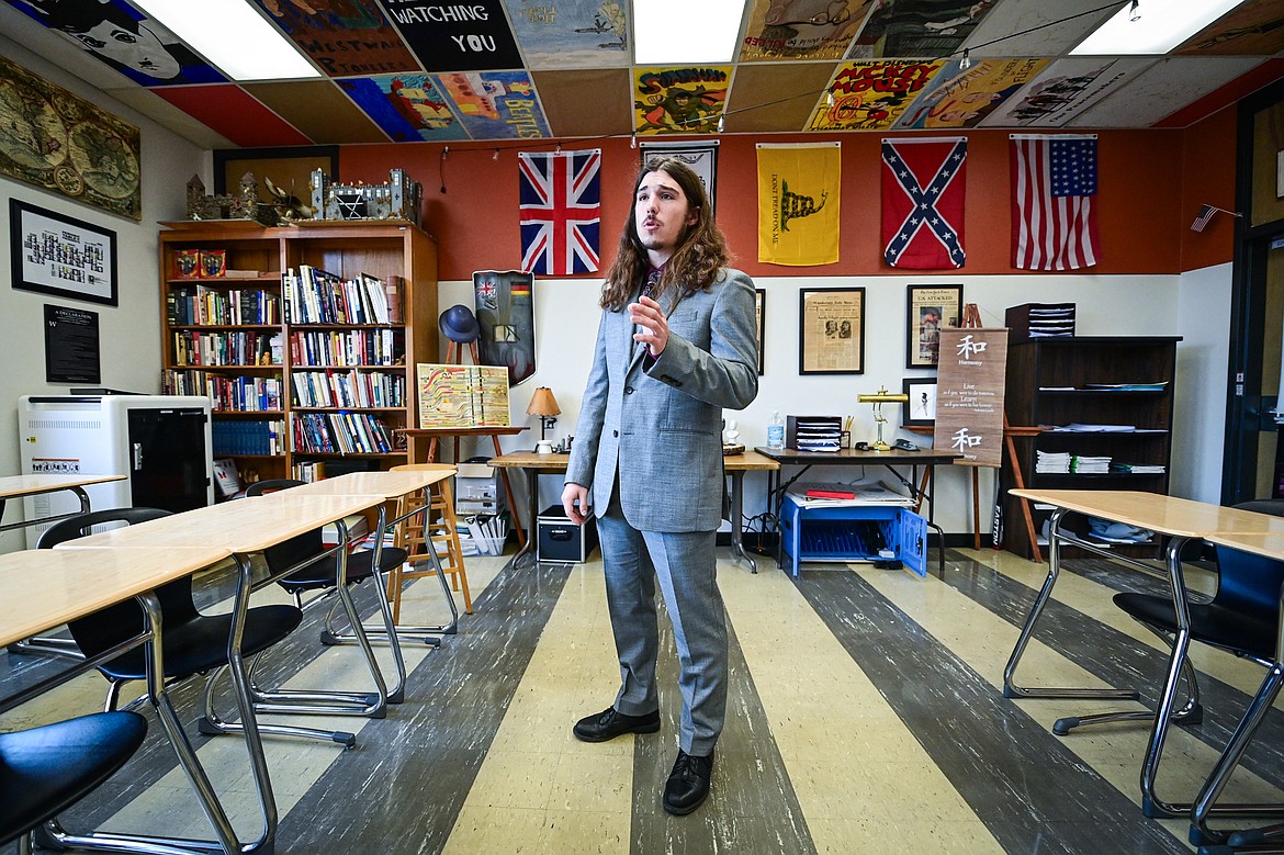 Flathead High's Jake Milone recites his extemporaneous speech in front of a judge during speech and debate practice at the high school on Saturday, Oct. 25. (Casey Kreider/Daily Inter Lake)