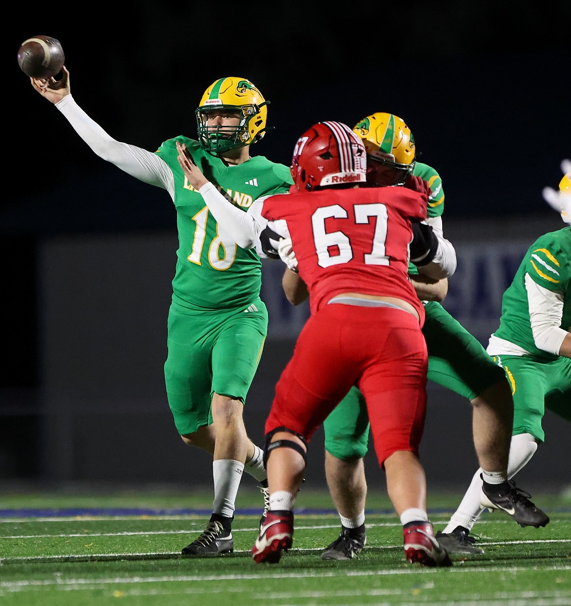 JASON DUCHOW PHOTOGRAPHY
Lakeland senior quarterback Peyton Hillman throws a pass during a loser-out game against Sandpoint in the 5A Inland Empire League Kansas tiebreaker at Viking Field in Coeur d'Alene on Monday.