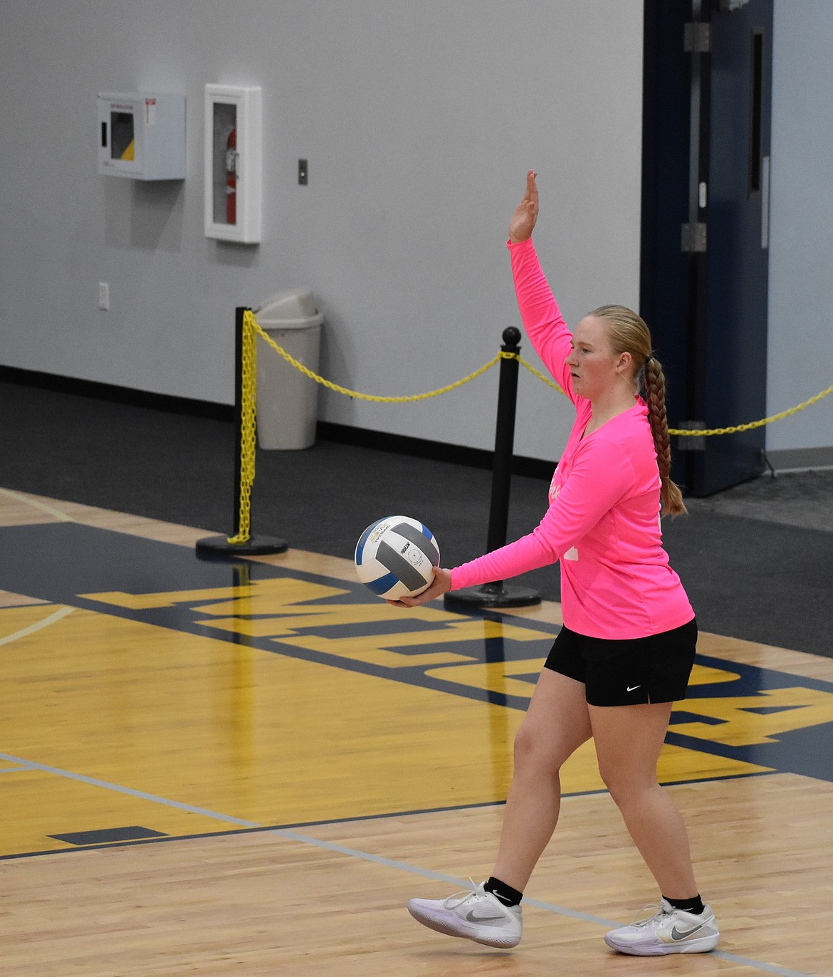 Abby Stanley from the MLCA/CCS Lions gets ready to serve the ball at a home game earlier this season. The Lions will play in their first game of the district tournament against Pateros where both teams will travel to Entiat.
