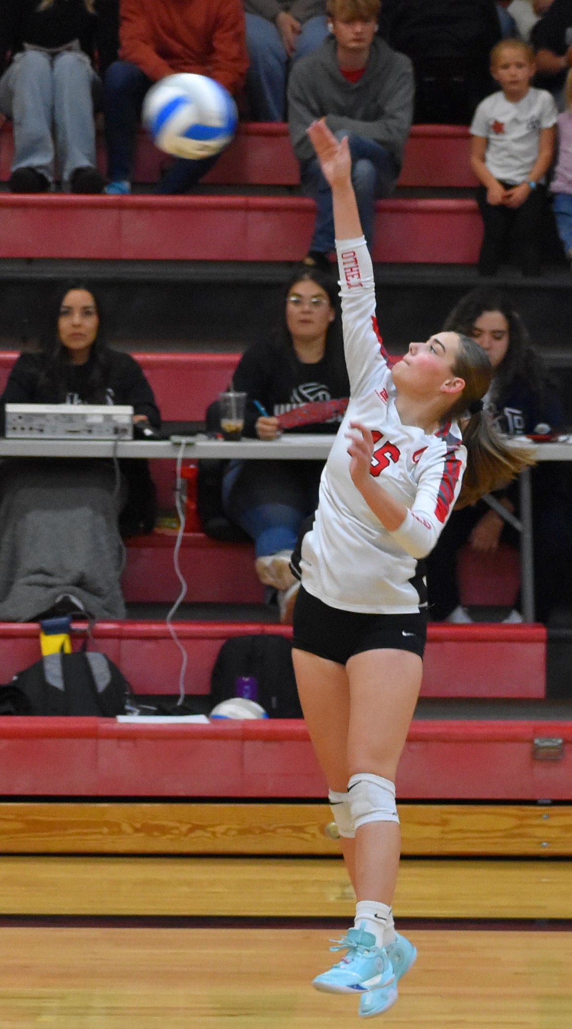 Othello's Alexa Peterson slams the ball onto Toppenish’s side of the net for a point during the first round of the district tournament.