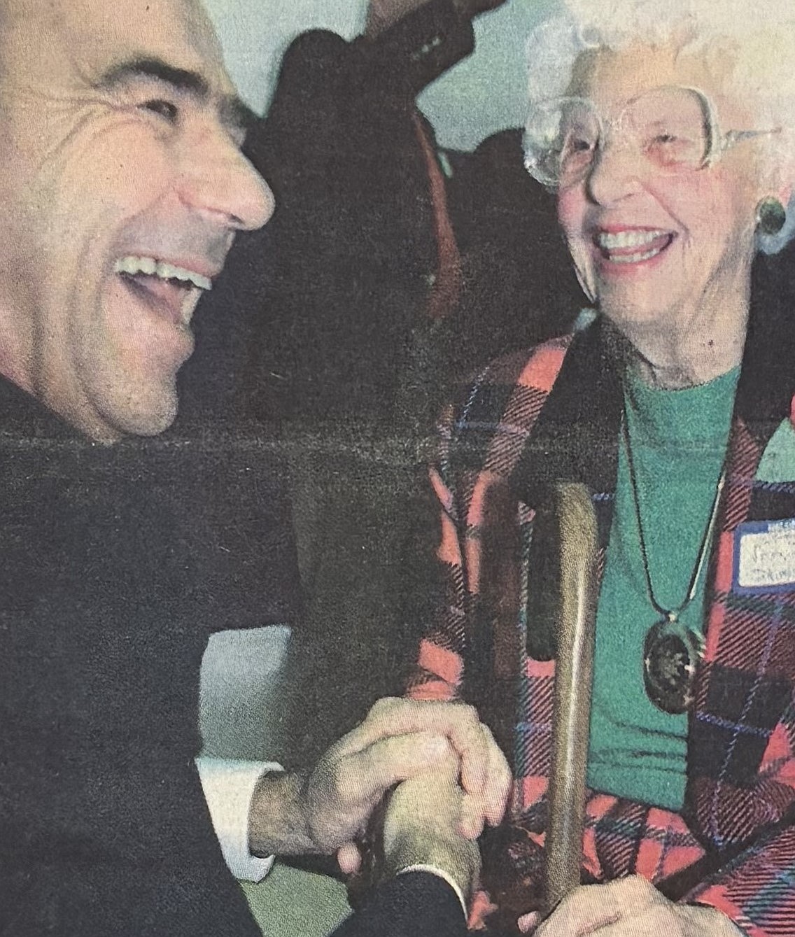 Doug Cresswell, the Coeur d’Alene school superintendent, laughs with Verna Driessen, 92, at Winton’s 70th anniversary celebration in 1995.