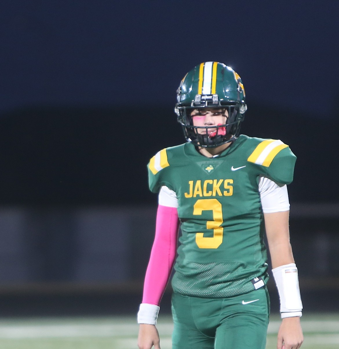 The Jacks’ Pierce Bierlink (3) looks to the sideline for the next play call. Head Coach Seth Longwill said the players bought into the vision he had for the program this season.
