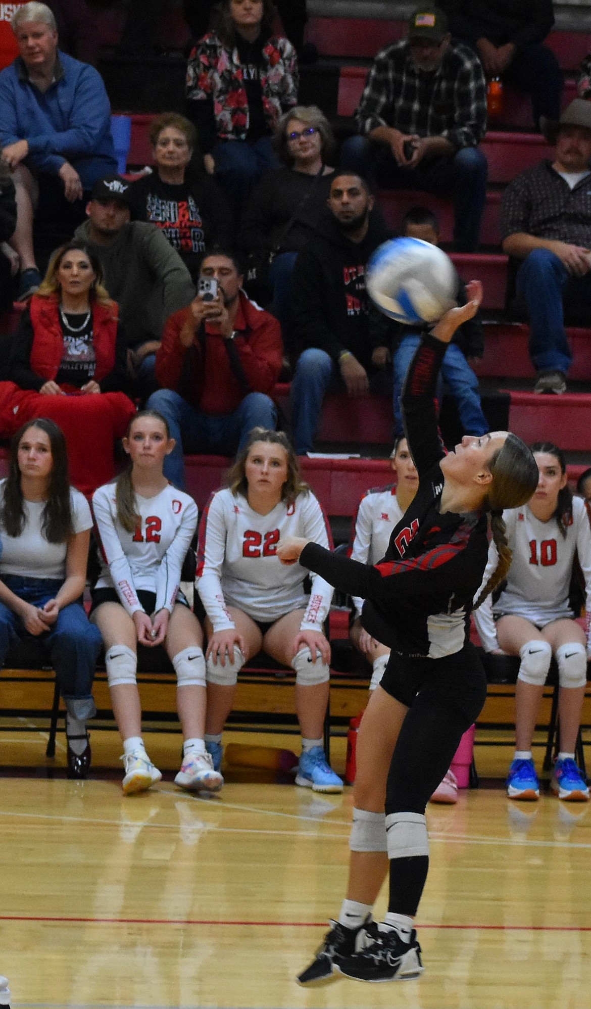 Huskies senior Whitlee Hollenbeck sends the ball back over the net during the first round of the district tournament last Wednesday against Toppenish. The Huskies season ended the following Saturday against East Valley, but Head Coach Steve Parris said the team made great strides in improvement this season and is confident in the future of the program’s growth.