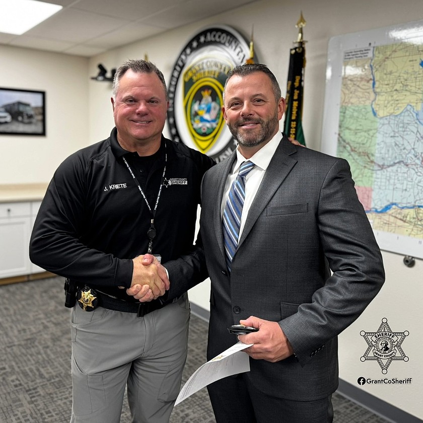 Grant County Sheriff Joey Kriete administered the oath of office to Sheriff's Deputy James Mitchell Wednesday morning. Mitchell transferred to GCSO from the Pierce County Sheriff's Office.