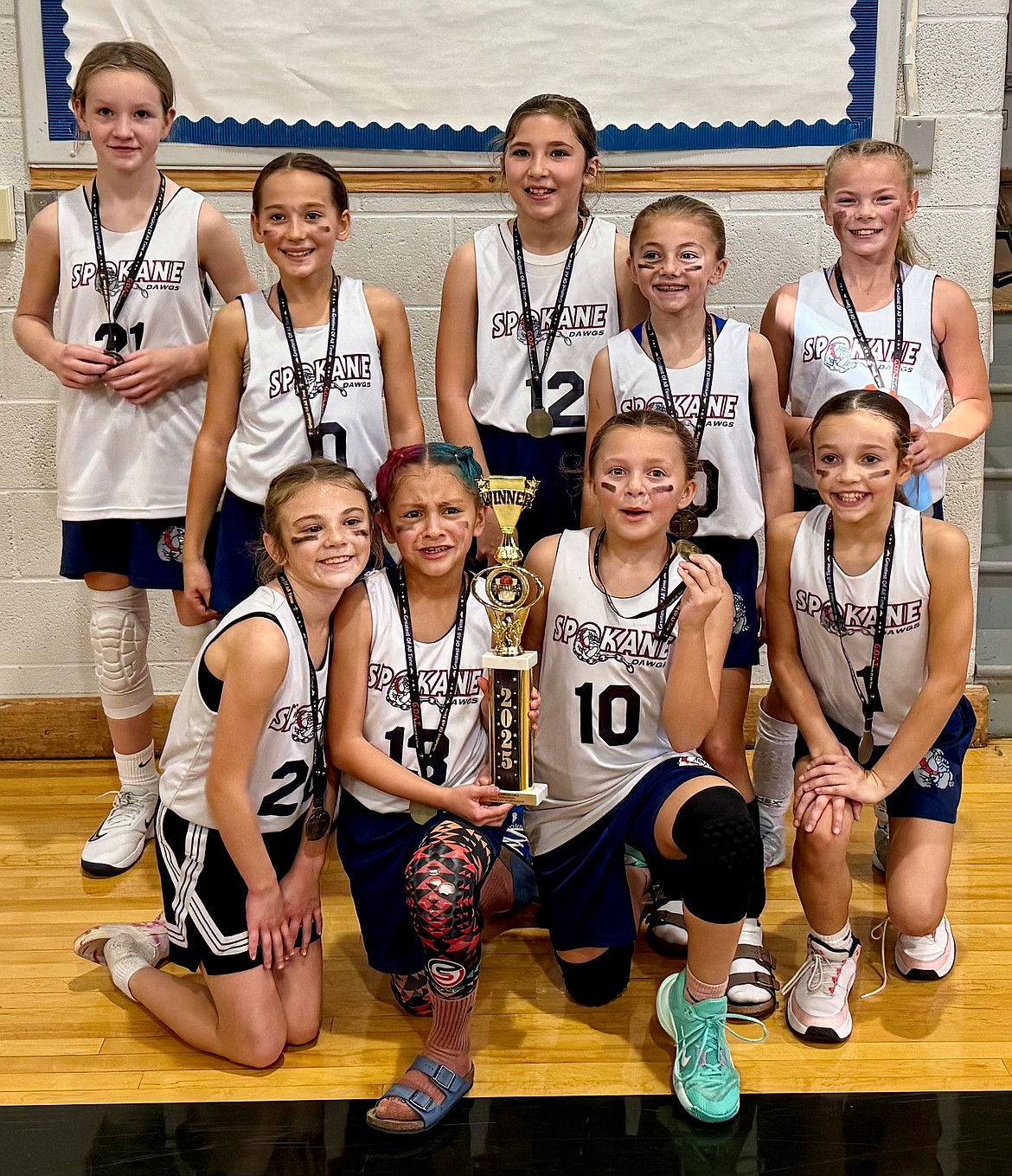 Post Falls Parks and Recreation
The Spokane Dawgs (Antonietti) from Liberty Lake won the fourth grade girls division at the River City AAU basketball tournament last weekend. In the front row from left are Saige Thorn, Ayanna Jimenez, Madi Daffern and Joey Elgee; and back row from left, Raegan Labelle, Kendelle Antonietti, April Weber, Gianna Macall and Stella Alleen.