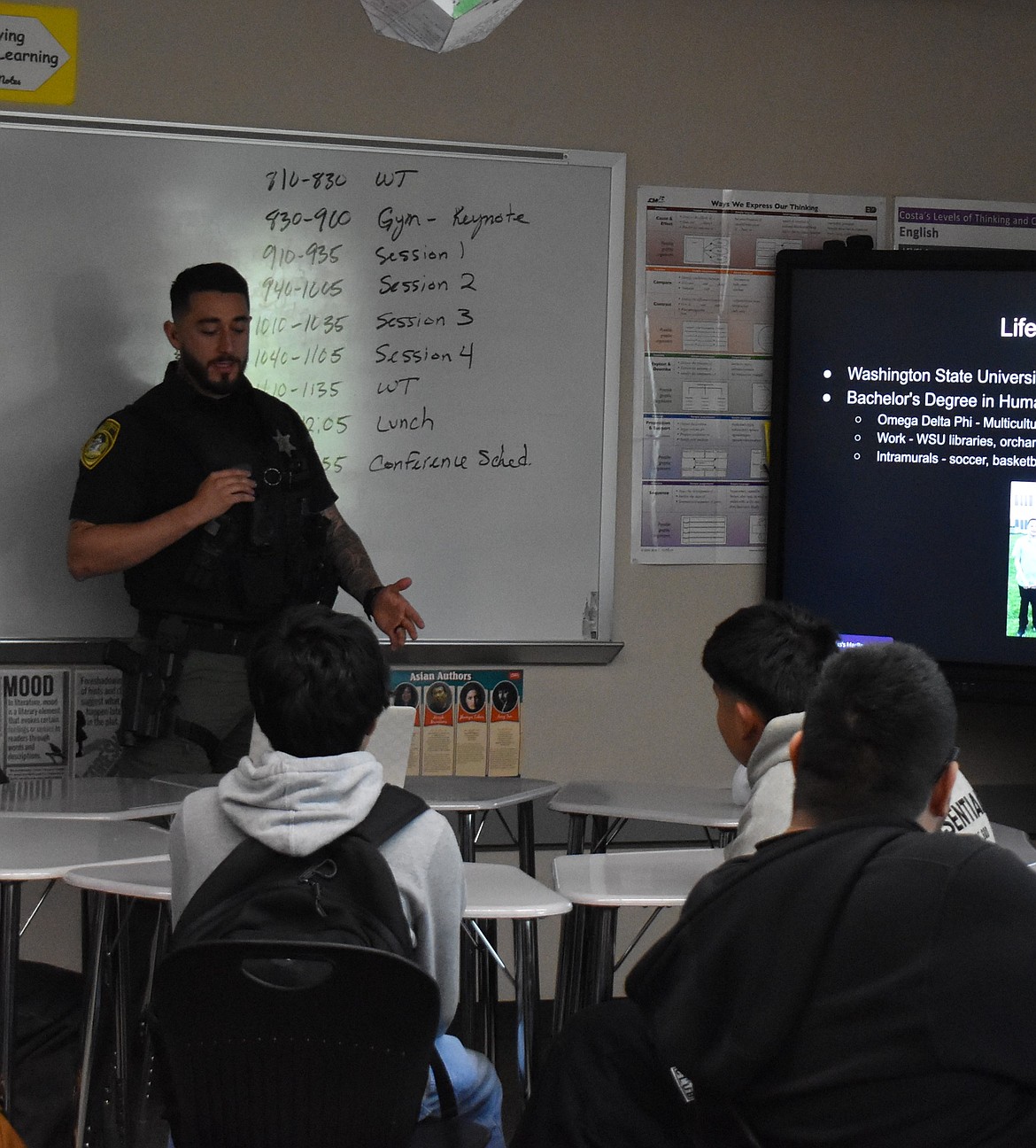 Deputy Librardo Barajas, Jr. speaks to a group of students during the Warrior Journeys day at Wahluke High School. Wahluke Superintendent Andy Harlow said this event was a great example of their cooperation with local industry how the school builds up their former students for success to then help the next generation succeed.