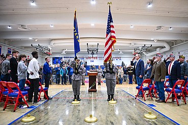 Students with the Montana Youth Challenge Academy present the colors at the Veterans Day assembly at Bigfork High School on Tuesday, Nov. 11. (Casey Kreider/Daily Inter Lake)