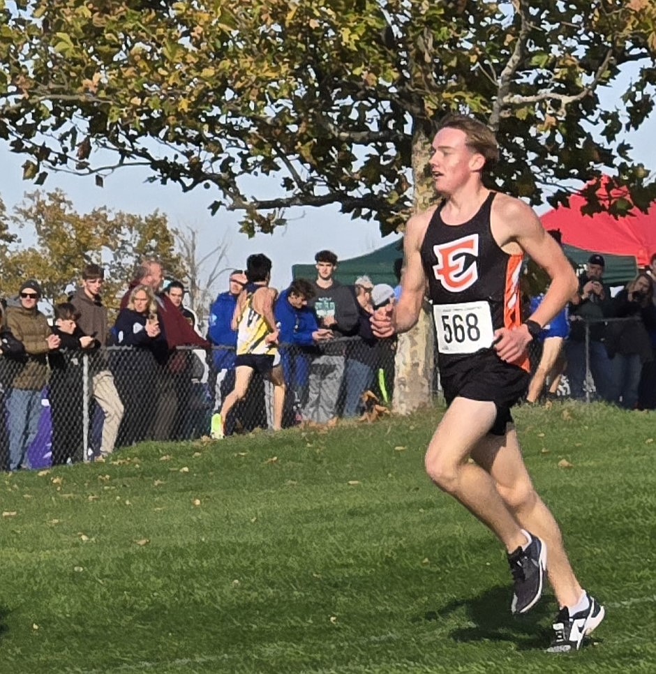 Tigers sophomore Caleb Fitts pushes along during the state competition last weekend. Fitts finished the meet with a final time of 16:58.8.