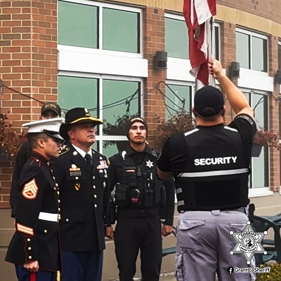 The Grant County Sheriff’s Office joined Samaritan Healthcare Tuesday morning to raise the flags for Veterans Day. From left to right is Deputy Ray Hernandez, served in the U.S. Marines; Samaritan Director of Security Sunny Halmsteiner, served in the U.S. Army; Deputy Ryan Borden, served in the U.S. Army; and Deputy Julio Valencia, served in U.S. Army.