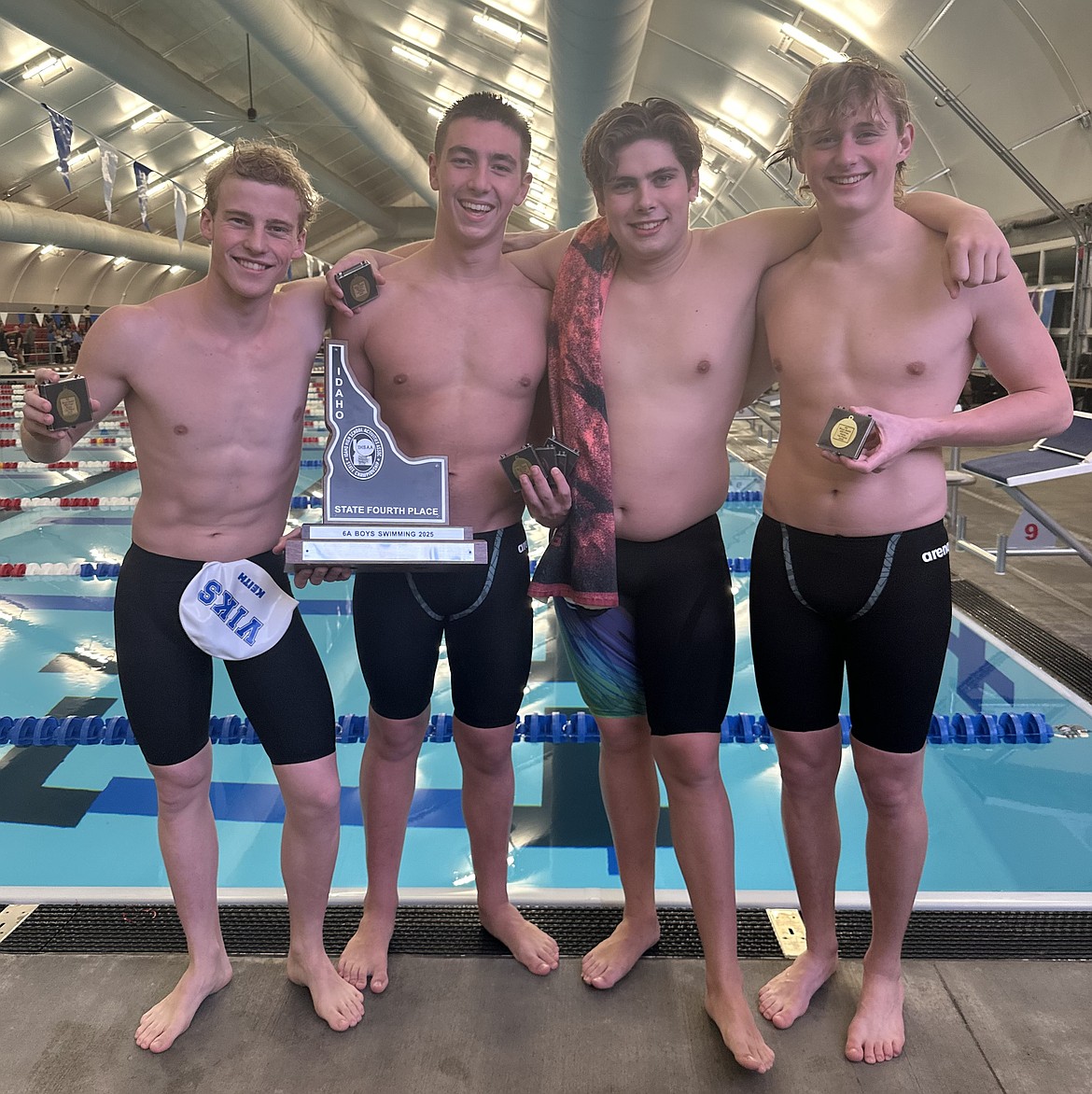 Courtesy photo
The Coeur d'Alene boys swim team finished fourth in the state 6A meet at the Idaho Central Aquatic Center in Boise last Saturday. From left are Owen Keith, Dawson Cushman, Andrew Davis and Jace Voeller.