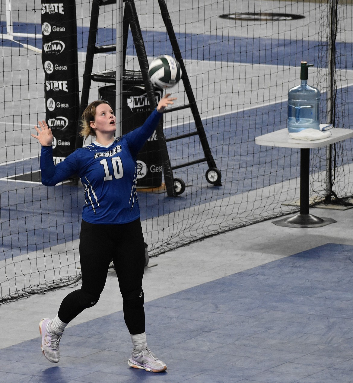 Brooke Dana, a Soap Lake senior, prepares to serve the ball Wednesday morning against Wahkiakum.