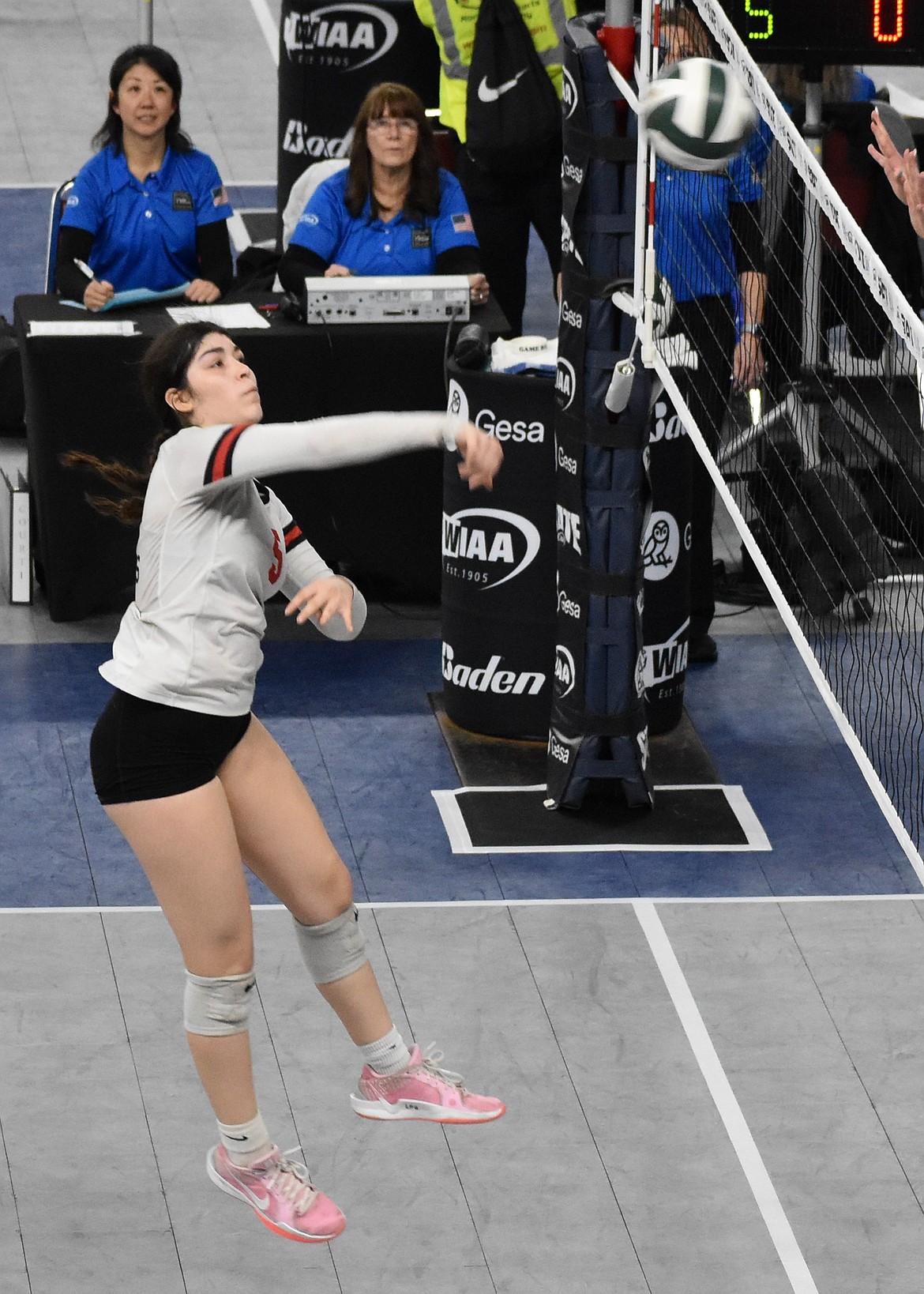 Freshman Zoey Mendez for the Broncos smacks the ball back over the net during the third/fourth place game against Manson. Head Coach Cari Galbreath said she is very confident in the abilities of the returning players next year.