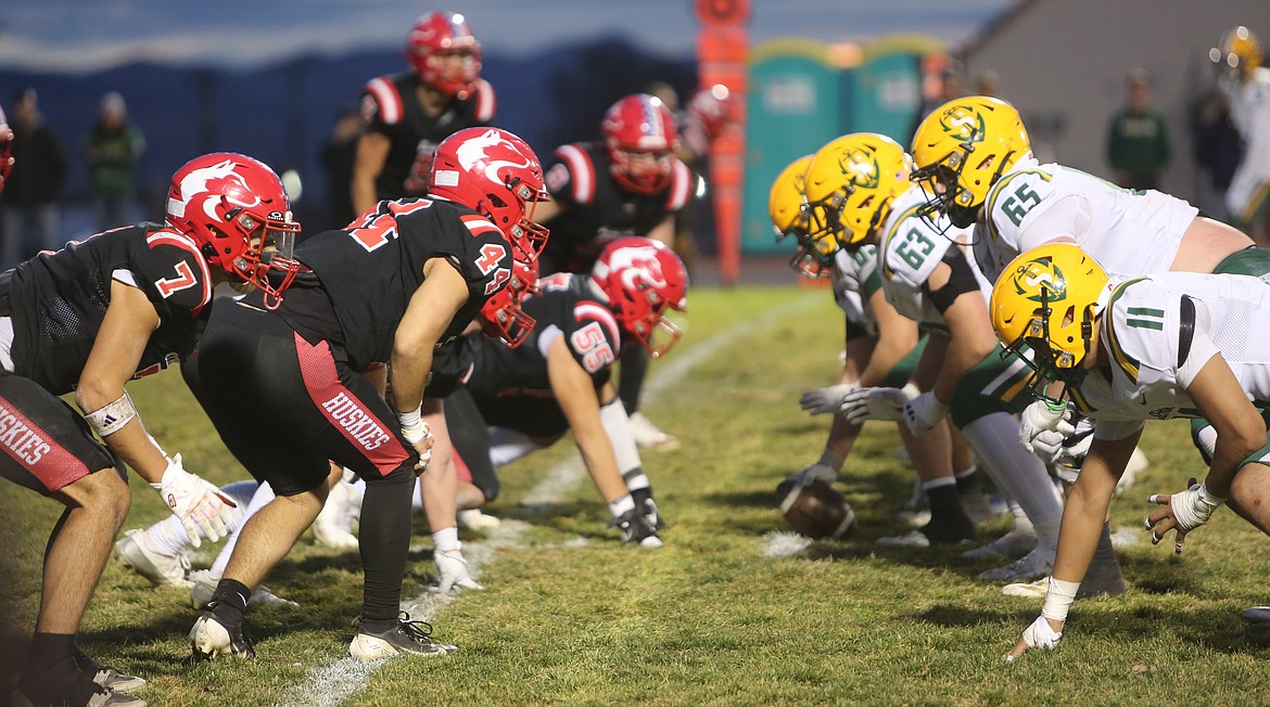 The Huskies defense lines up ahead of a Sehome offensive snap. The Huskies were defeated 24-21 at home in the 2A state football playoffs on Saturday.