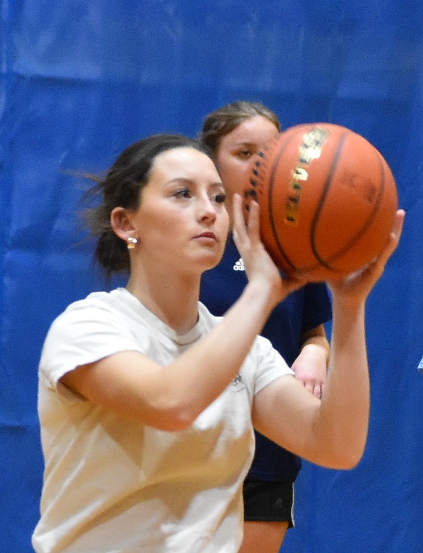 Soap Lake senior Mylee Dana prepares to shoot a free throw during an early season practice. Head Coach Leonard Lundgren said Dana was a defensive threat last season, earning about five steals per game.