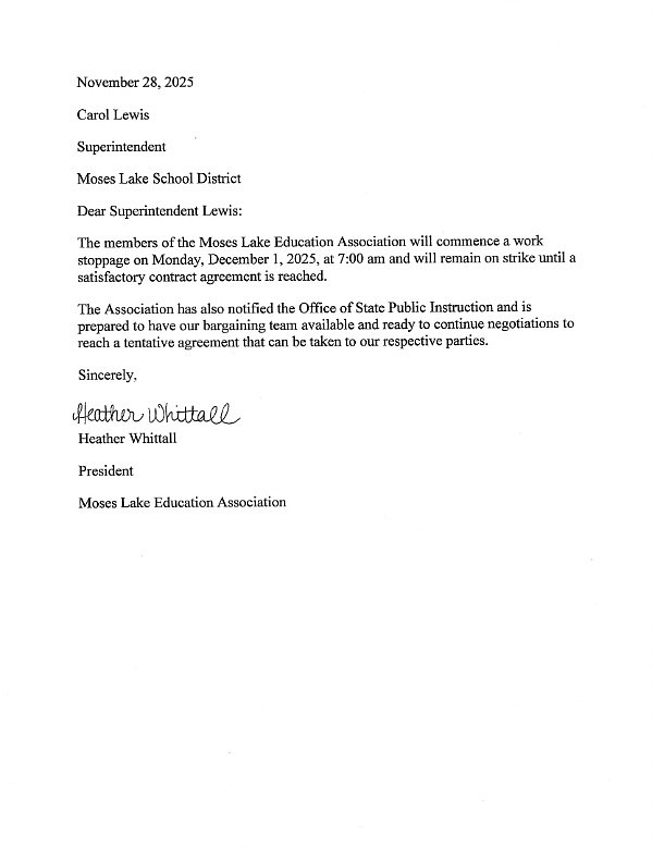 The letter Moses Lake School District Superintendent Carol Lewis received from Moses Lake Education Association President Heather Whittall on Nov. 28.