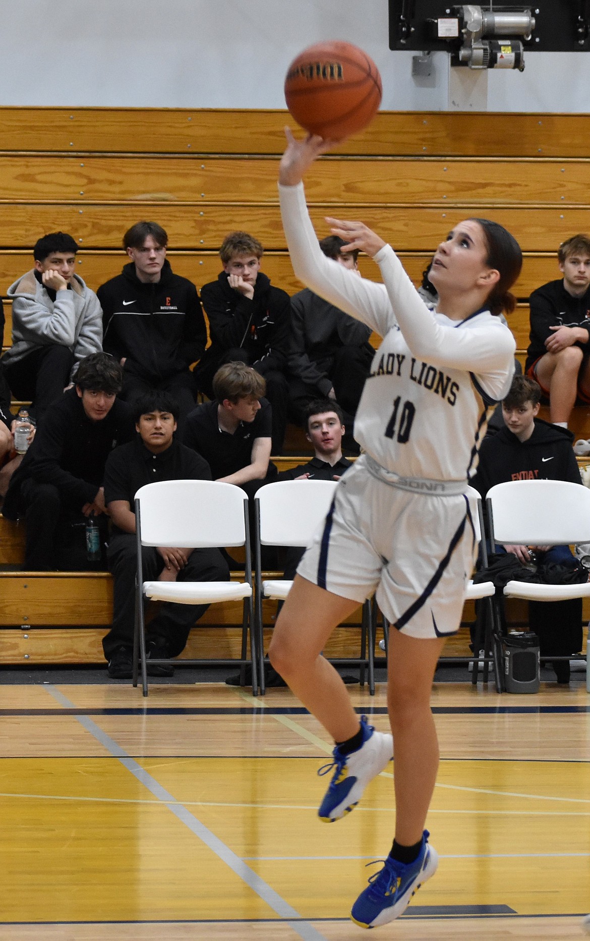 Lions senior Brynlynn King makes an attempt at the rim during Wednesday’s game against Entiat.