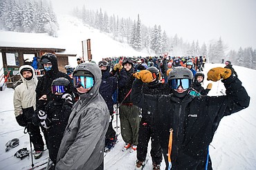 Skiers and snowboarders wait in line at Chair 1 on opening day on Big Mountain at Whitefish Mountain Resort on Thursday, Dec. 4. (Casey Kreider/Daily Inter Lake)