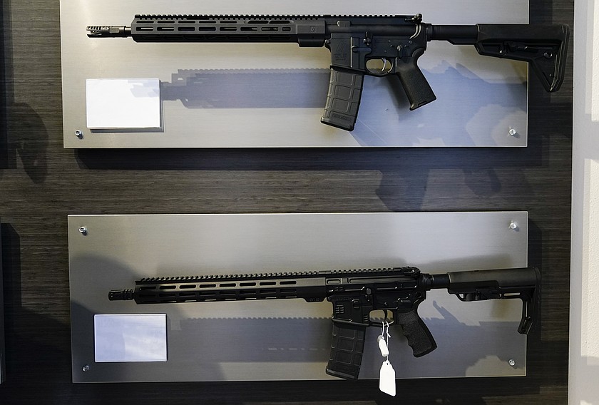 Semi-automatic rifles are displayed at a firearm shop in Auburn, Wash. A judge has upheld Washington's 2023 restrictions on the sale of rifles classed as assault weapons.