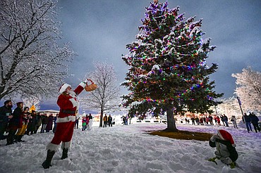 Santa Claus lights the tree at the Kalispell Downtown Association Holiday Stroll and Community Tree Lighting on Friday, Dec. 5. (Casey Kreider/Daily Inter Lake)
