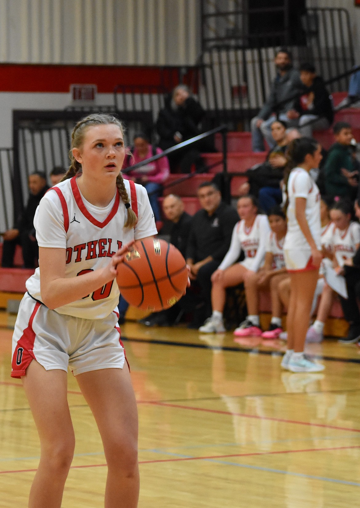 Shaylee Freeman, a senior for the Huskies, looks to make a free throw during Thursday’s game against Connell.