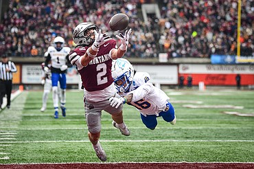 Grizzlies wide receiver Drew Deck (2) catches a 29-yard touchdown reception in the third quarter against South Dakota State in the second round of the FCS Football Championship at Washington-Grizzly Stadium on Saturday, Dec. 6. (Casey Kreider/Daily Inter Lake)