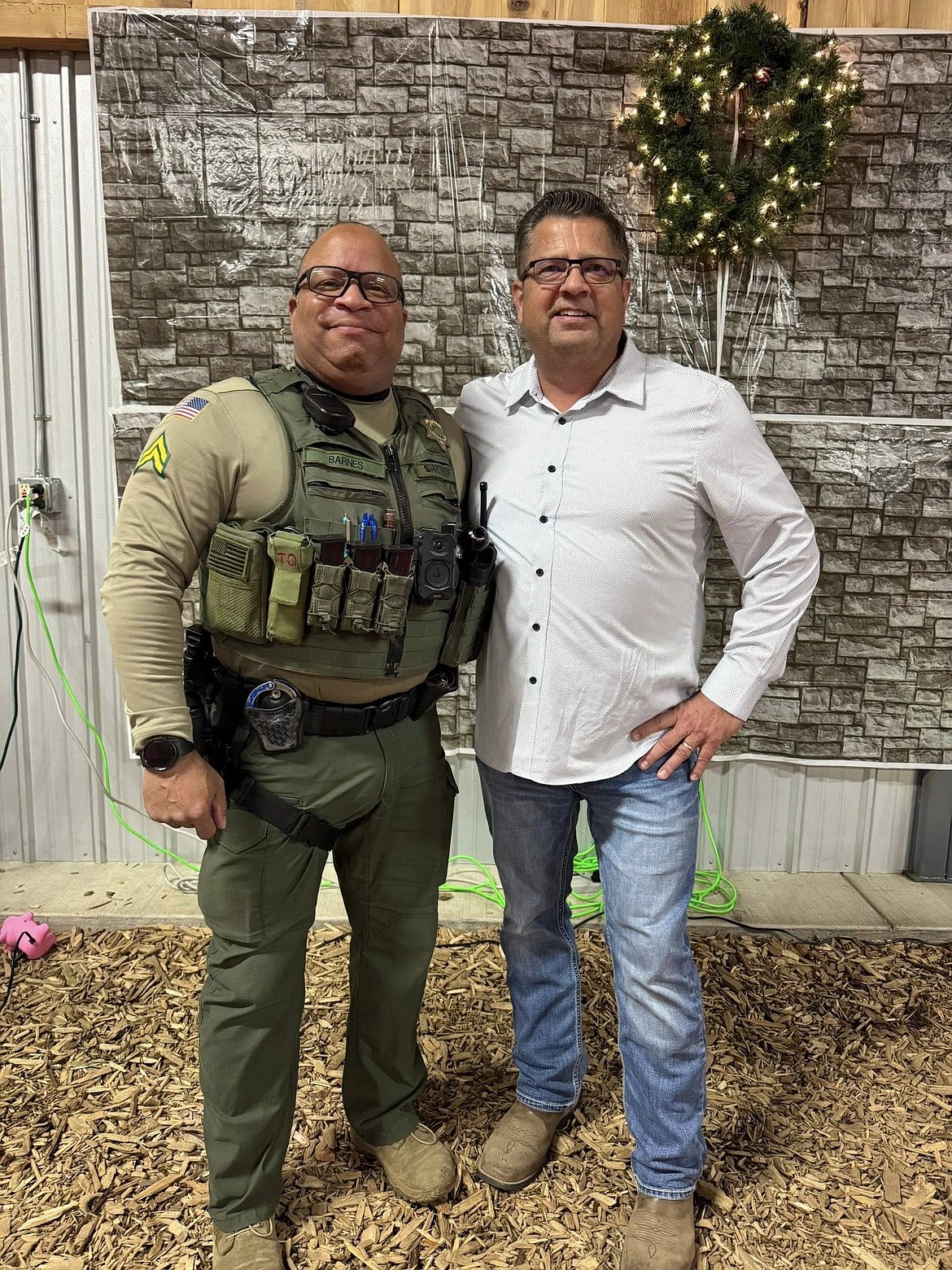 The Adams County Sheriff’s Office announced its supervisor of the year is Corporal Darryl Barnes, left. He smiles for a photo with Sheriff Dale Wagner, right.