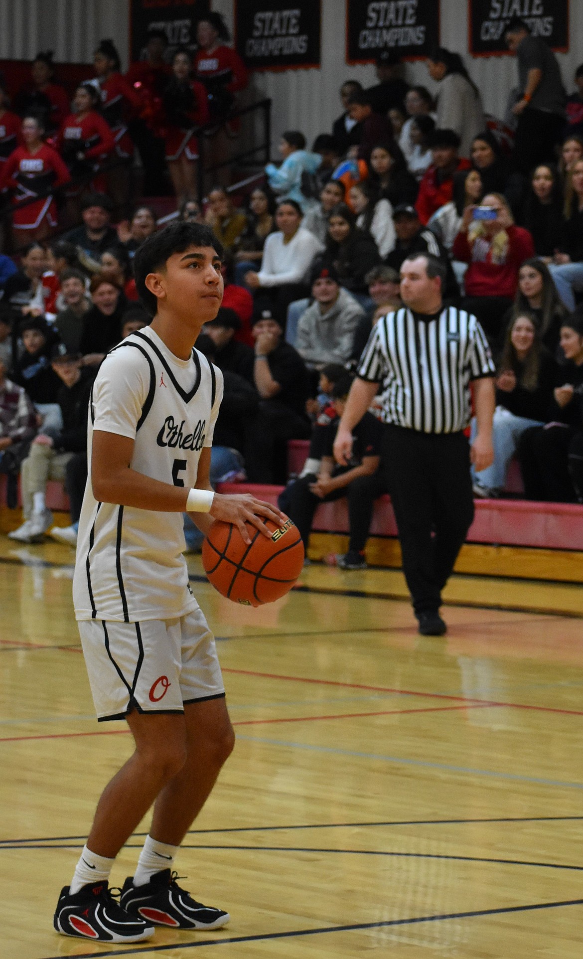 Huskies senior Elijah Vasquez prepares to shoot a free throw during Tuesday’s game against Sageview.
