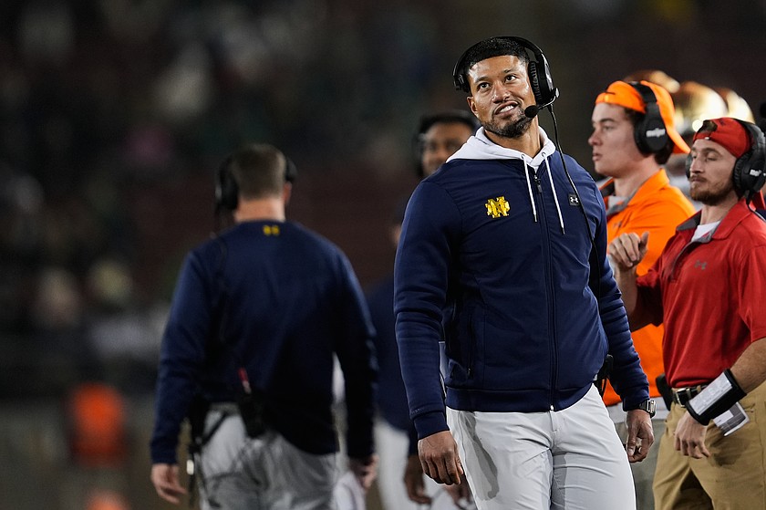 Notre Dame head coach Marcus Freeman reacts on the sideline during the second half of an NCAA college football game against Stanford, Saturday, Nov. 29, 2025, in Stanford, Calif. (AP Photo/Godofredo A. Vásquez)