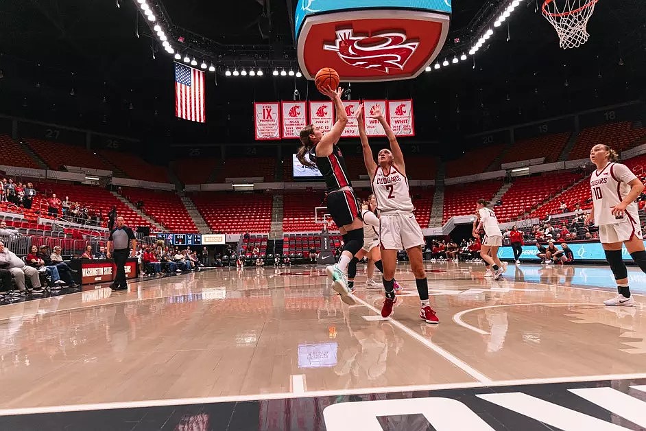 Ella Gallatin from the Eagles goes for the shot for two with pressure from Eleonora Villa from the Cougars.