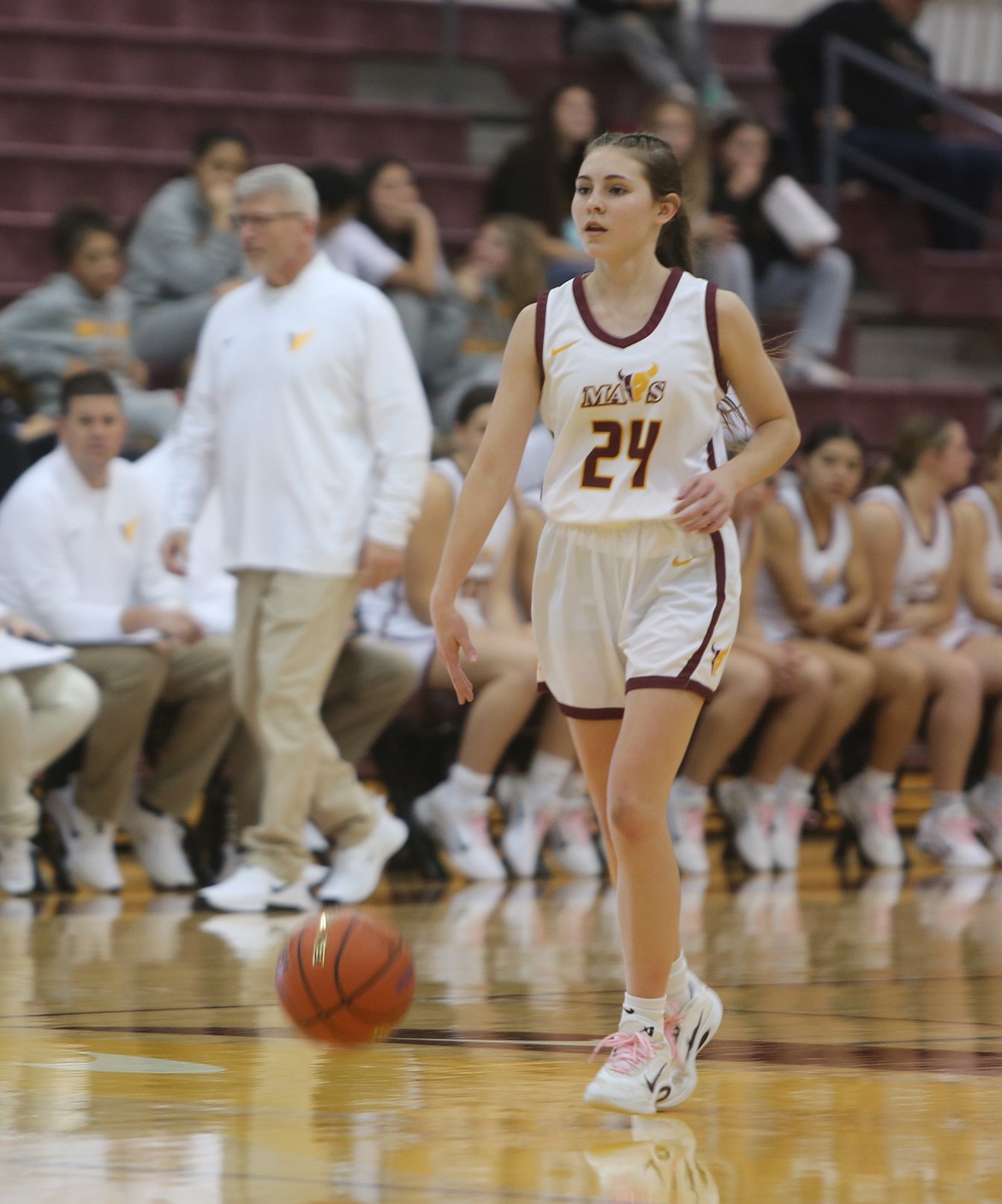 The Mavs’ Ella Wiltbank (24) dribbles the ball up the court against Wenatchee. Moses Lake defeated the Panthers 46-43 on Friday.