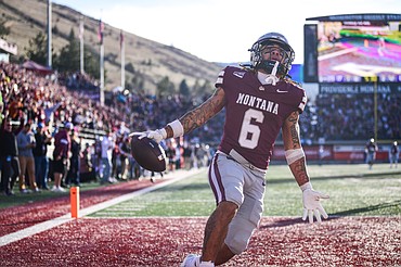 Grizzlies wide receiver Michael Wortham (6) scores a touchdown on a 53-yard touchdown reception in the second quarter against South Dakota in the quarterfinals of the FCS playoffs at Washington-Grizzly Stadium on Saturday, Dec. 13. (Casey Kreider/Daily Inter Lake)