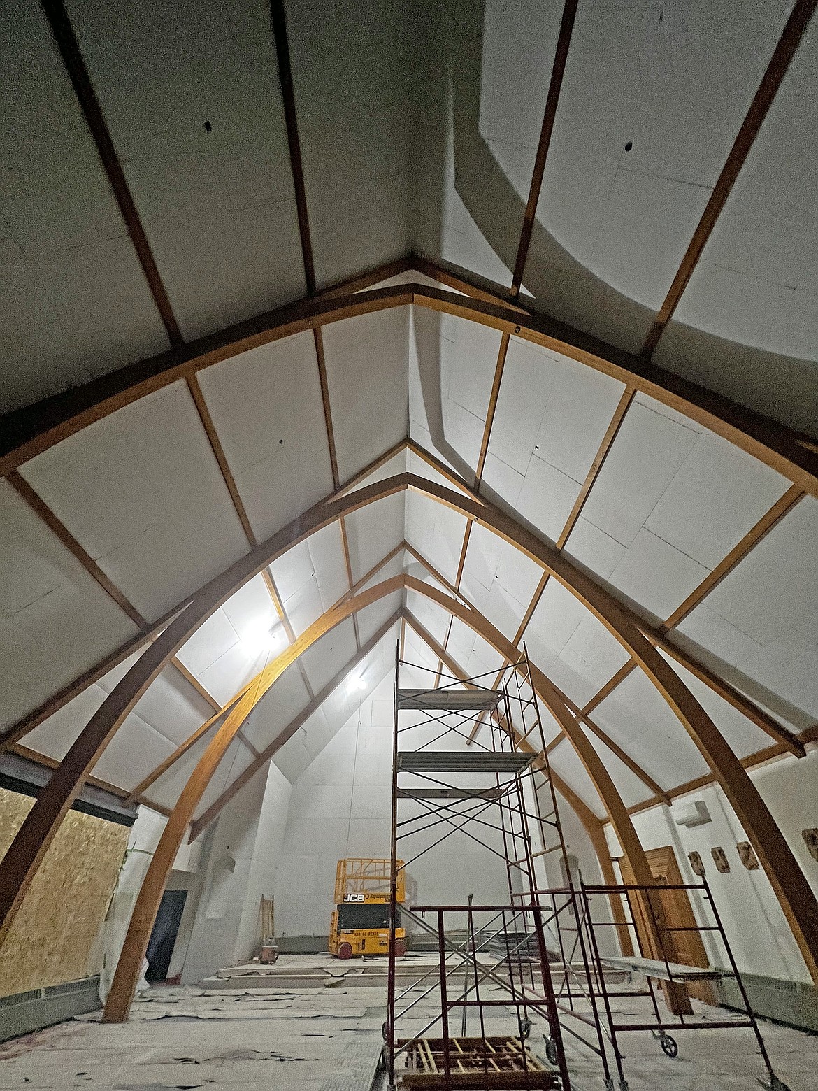 The newly framed in and drywalled ceiling reveals the purlins that had been there, covered, for years. (Photo provided)