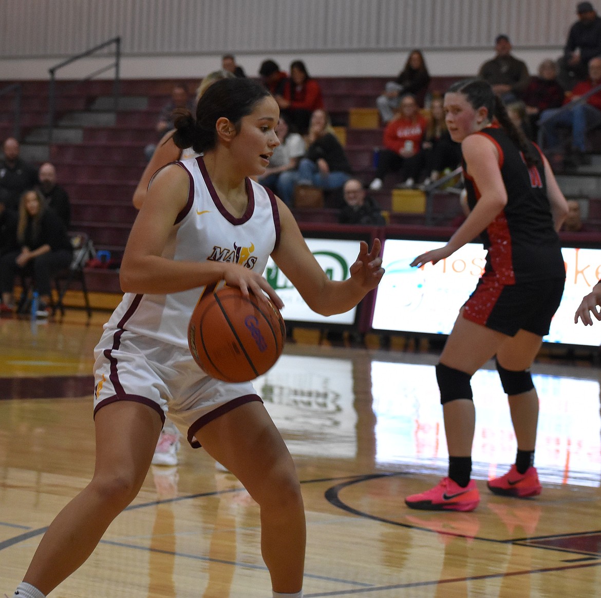 Mavs player Breanna “Boo” Bischoff makes a push towards the hoop during a previous home game. This week the Mavs