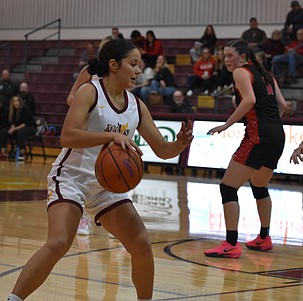 Mavs player Breanna “Boo” Bischoff makes a push towards the hoop during a previous home game. This week the Mavs