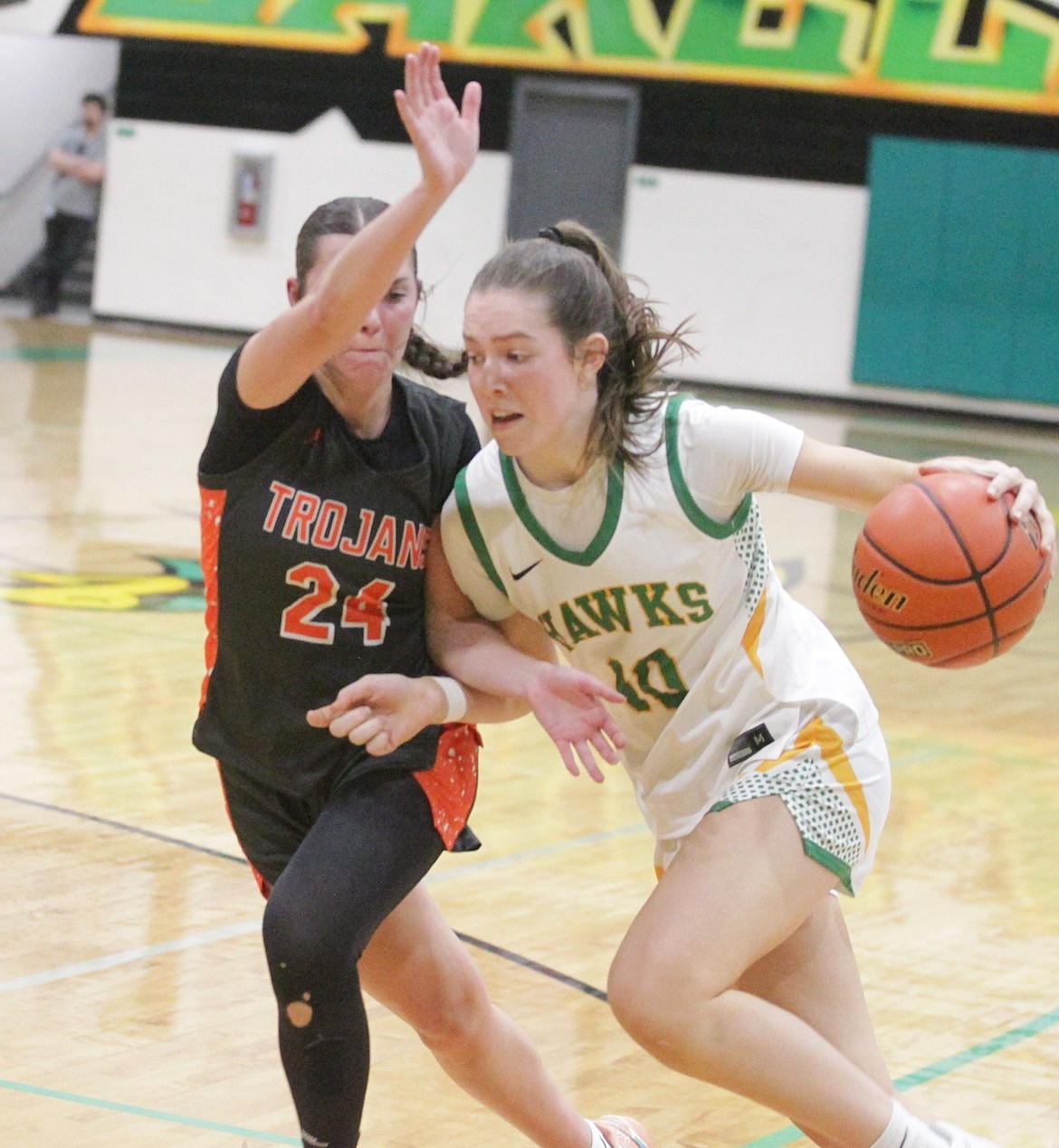 JASON ELLIOTT/Press
Lakeland freshman guard Jaeli Hoffman dribbles past Post Falls senior Kailey Walton during the first quarter of Tuesday's game at Hawk Court in Rathdrum.