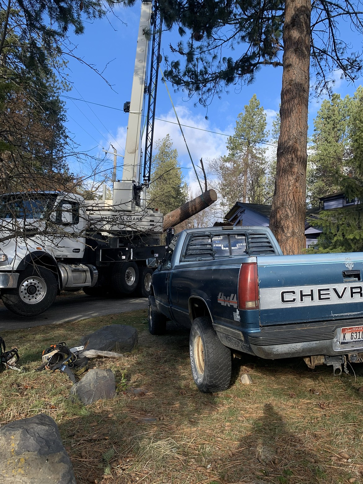 Crews work to remove the tree that had fallen onto a home in Fernan Village early Wednesday morning, killing one occupant.