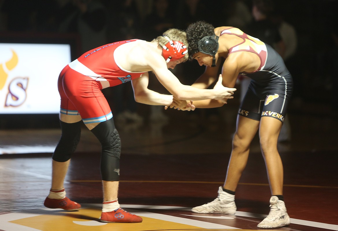 The Mavs’ Zachy Villasenor, right, grapples with his Eastmont opponent earlier this season. Head Coach Jose Tanguma said his wrestlers improved in their match against West Valley Wednesday.