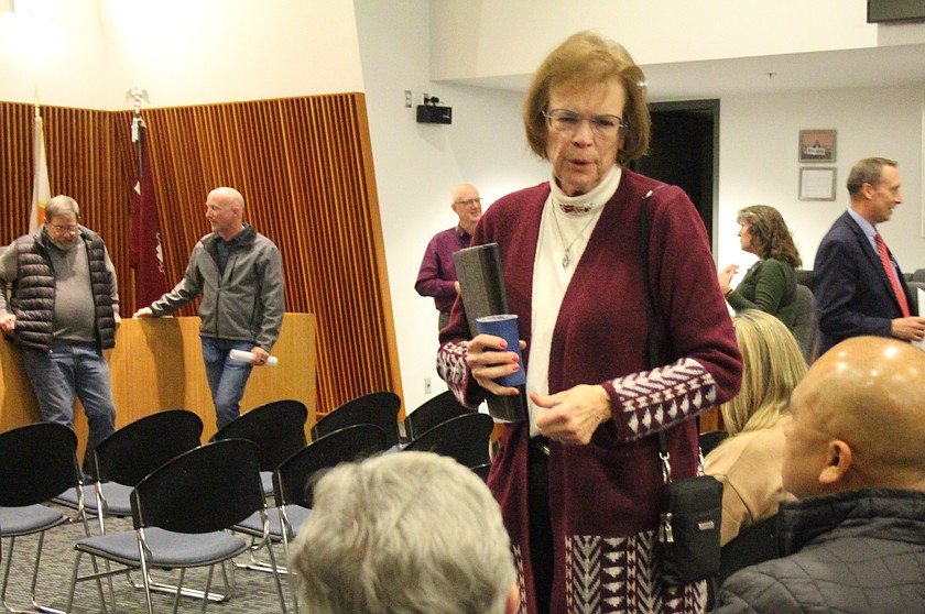 Washington Sen. Judy Warnick, a Republican from Moses Lake, said her top three priorities this year are affordability, safety and improving access to higher education. Alongside those, she also wants to support agri-tourism, women’s sports and fire insurance. Above, Warnick speaks with community members at a recent event in Moses Lake.