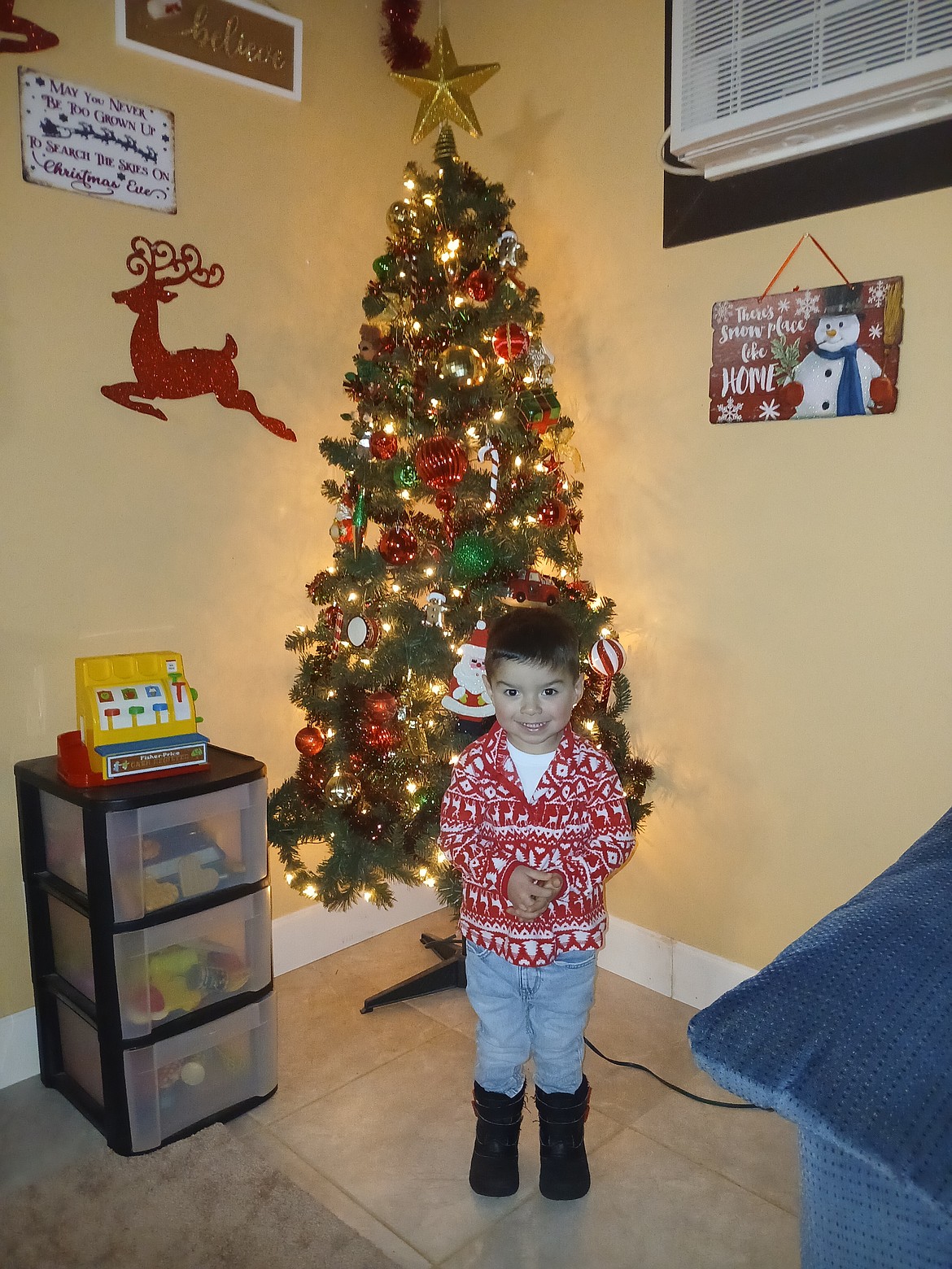 Laurie Herbert’s grandson, Jaiden Herbert, stands in front of the family’s tree which is decorated with Santas, candy canes, shiny ornaments and a sparkly star topper. Jaiden’s shirt is red and white with reindeer and Christmas trees to match the season.