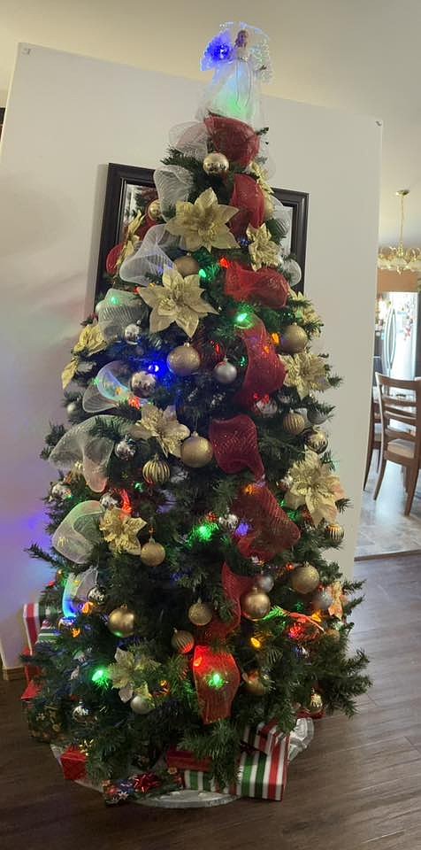 This elegant tree with red ribbon and gold flowers and a lit-up angel topper was submitted by Ling Morris.