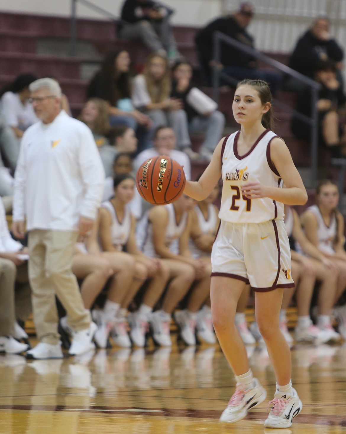 Moses Lake’s Ella Wiltbank takes the ball down the court during a home game this season. The Mavericks have a 3-5 record so far as they head into their next matchup on Monday against Walla Walla.