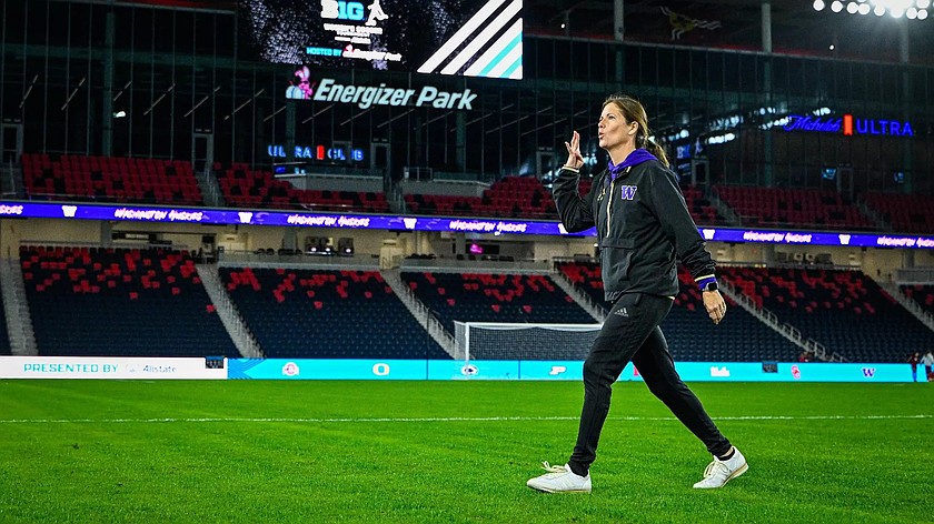 The Huskies’ Nicole Van Dyke walks across the field after a win. Van Dyke recently signed an extension with the University of Washington to remain the head coach of the women's soccer program.