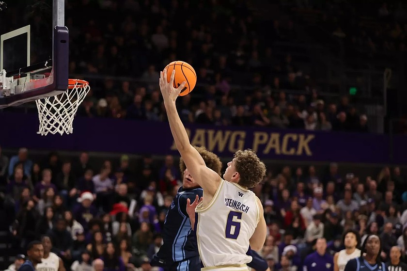 Hannes Steinbach from the UW Huskies goes in for two during the team’s last matchup against San Diego where Steinbach led the team with 21 points and 14 rebounds. UW will be playing against Utah on Monday at 8 p.m.