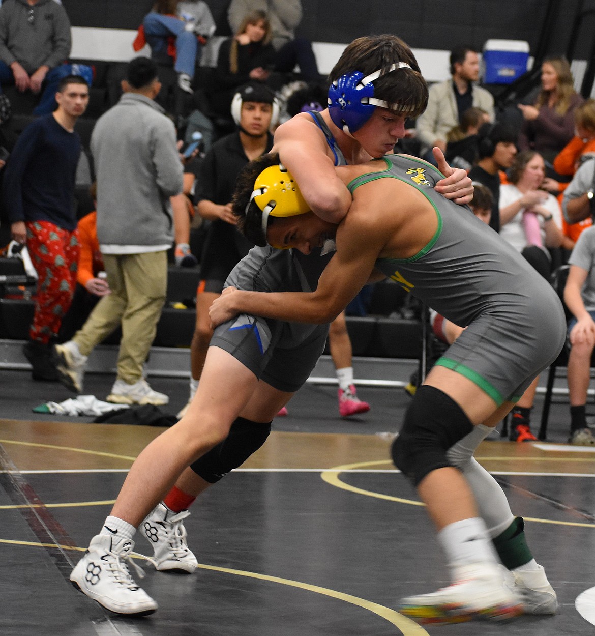 Jacinto Camacho from the Jacks works to take down a tough opponent from Mansfield, Ethan Camacho.