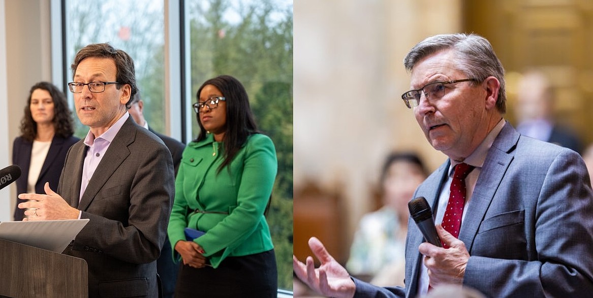 Washington Gov. Bob Ferguson, left, announces his intention to form a cabinet-level Department of Housing. Ferguson said he doesn’t feel another study is needed on housing, but actions need to be taken instead. State Rep. Mark Klicker, right, a sponsor of HB 1108, speaks to the House of Representatives. Klicker’s bill would have established a group to study drivers for housing costs.