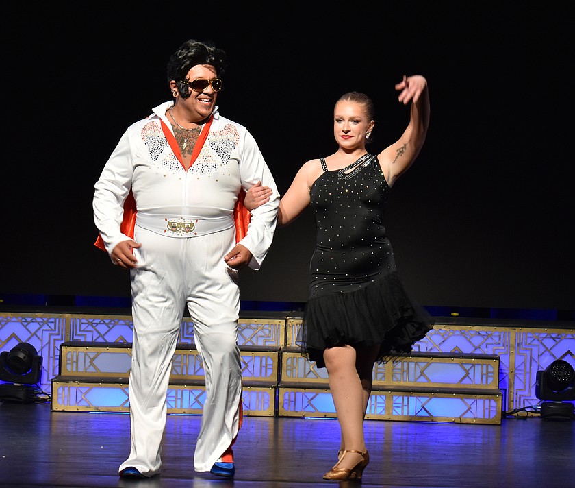 Amador Castro, left, takes the stage in full Elvis regalia at last year’s Dancing with the Moses Lake Stars. Castro will return as a judge for this year’s show Jan. 10.